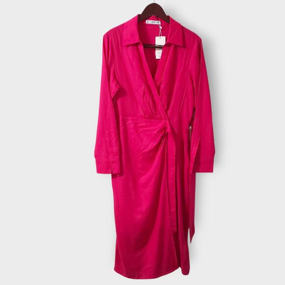 NWT Mango MNG Linen Blend Wrap Maxi Dress Hot Pink Sz 8 Coastal Vacay Casual - Picture 1 of 14